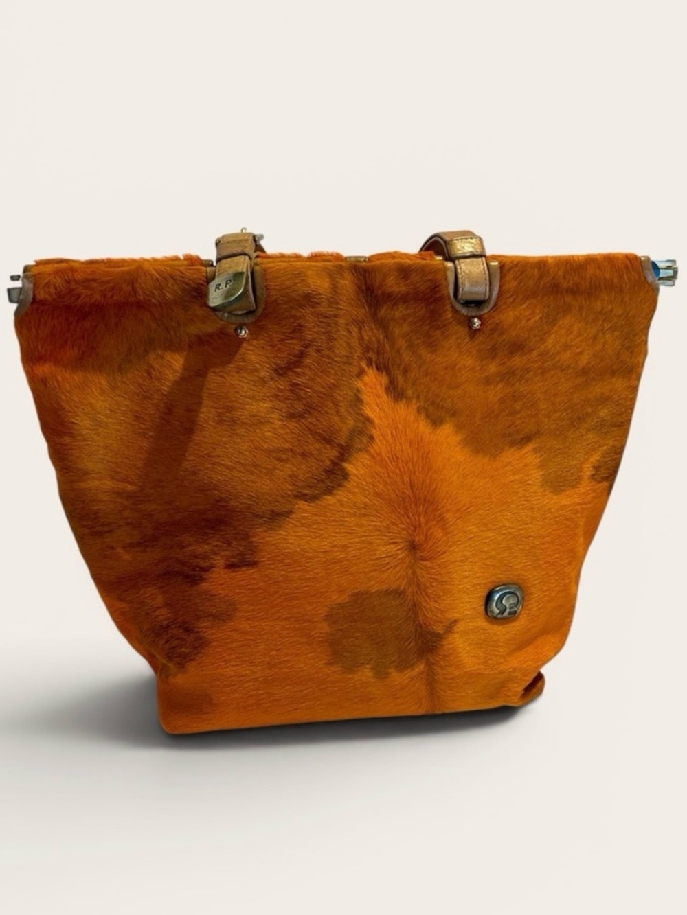 Orange Pony Hair Leather Tote Bag Cowhide Large Shoulder Bag Artisan Boho